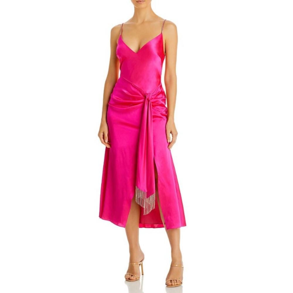 Cinq a Sept Dress 14 Hot Pink Slip Midi Silk Rhinestone Kalena Wedding Guest
